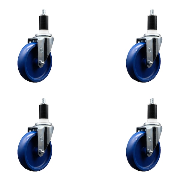 5'' SS Solid Poly Wheel Swivel 1-3/4'' Expanding Stem Caster Set, 4PK